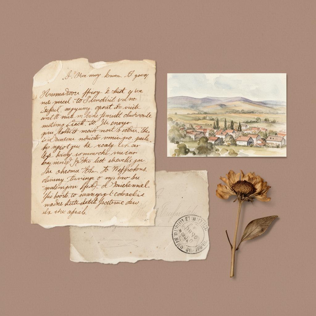 A handwritten letter, a small watercolor village landscape, and a pressed dried flower with a faint postmark — pages from a travel journal.